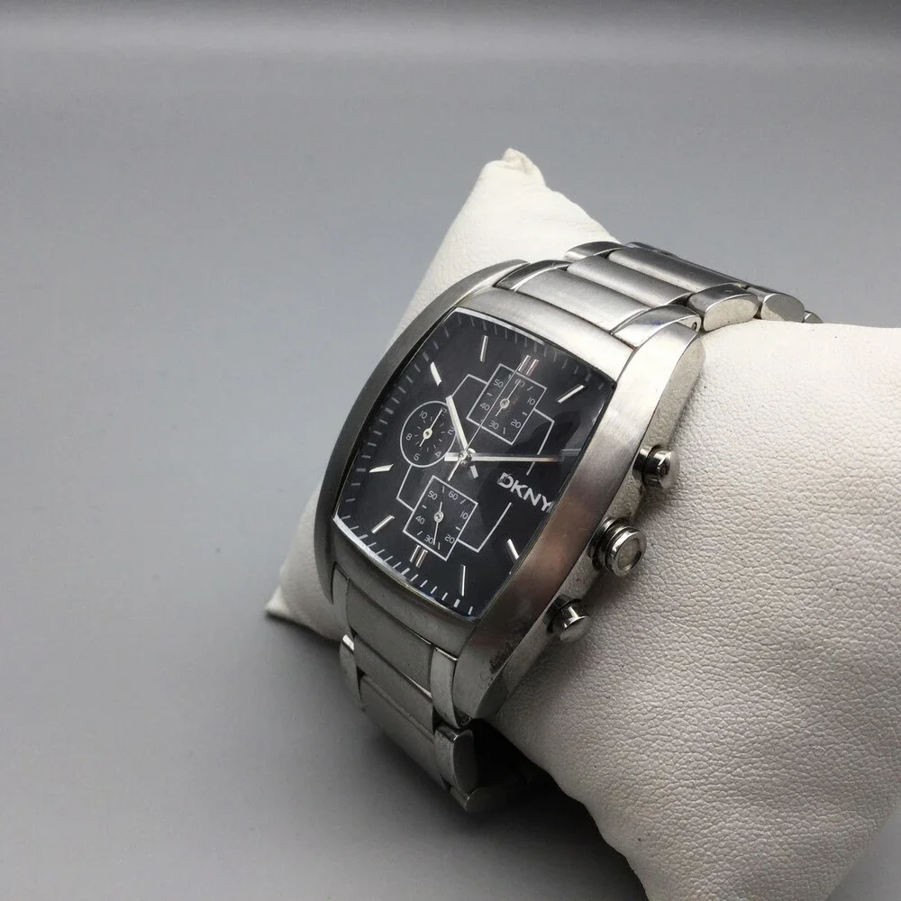 DKNY Mens Watch 38mm Black Dial Stainless Chronograph NY1234 New Battery 7.75